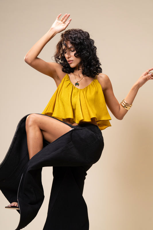 Spill Coordset - Black Barrel fit Denim and Frill Crop Top