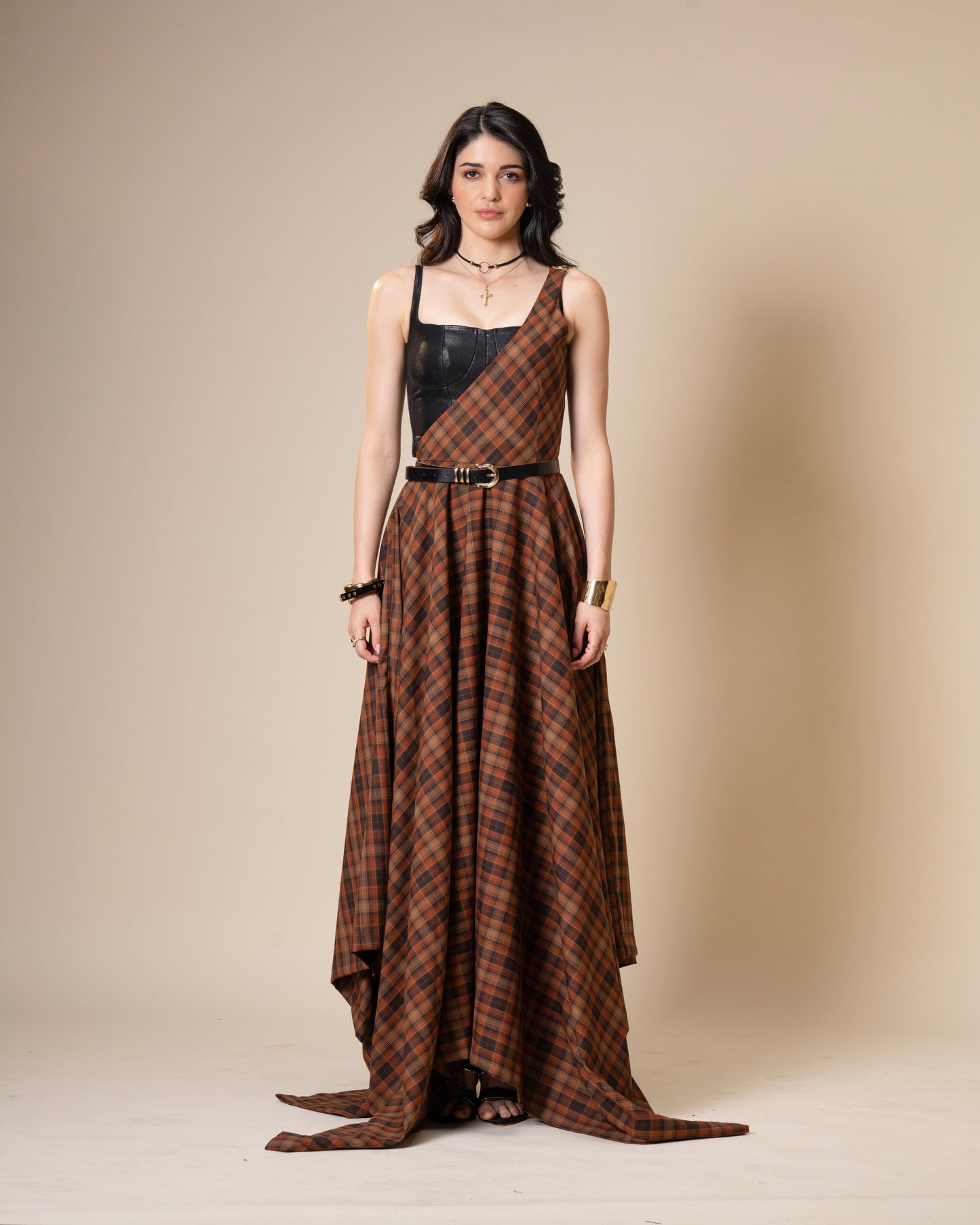 Disrupt Coordset - Black Leather Corset Top & Plaid Maxi Skirt