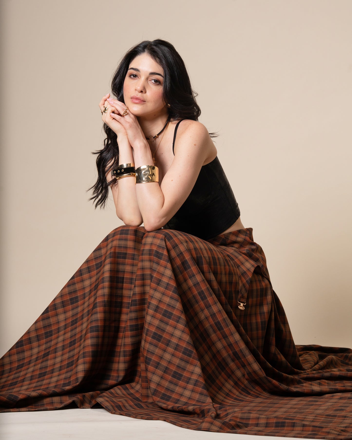 Disrupt Coordset - Black Leather Corset Top & Plaid Maxi Skirt