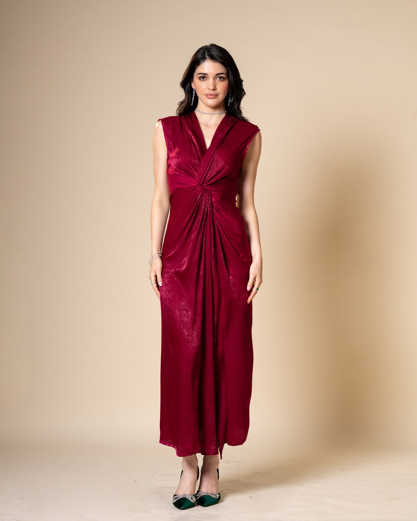 Knot Suede Satin Maroon Midi Dress