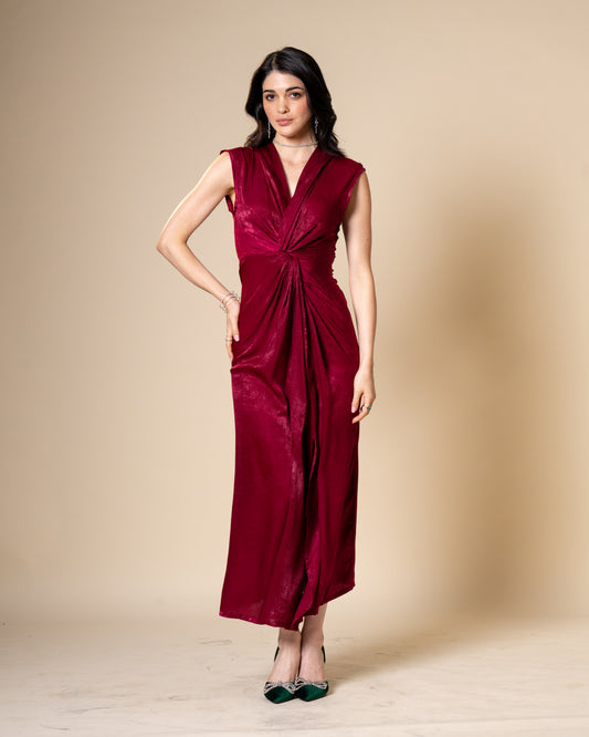 Knot Suede Satin Maroon Midi Dress