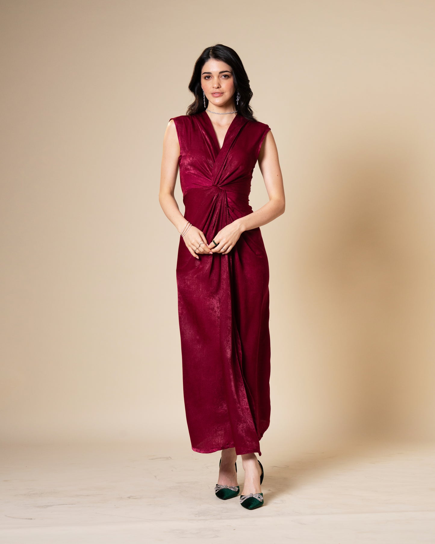 Knot Suede Satin Maroon Midi Dress