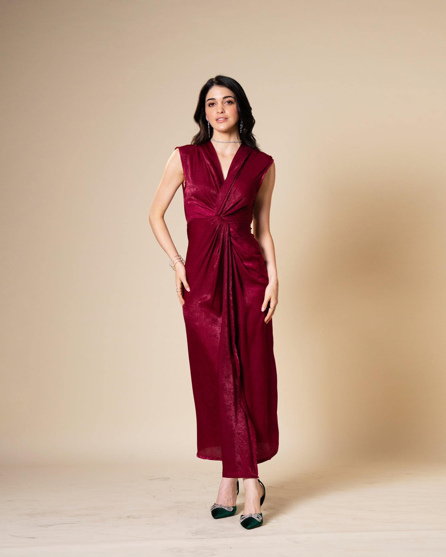 Knot Suede Satin Maroon Midi Dress