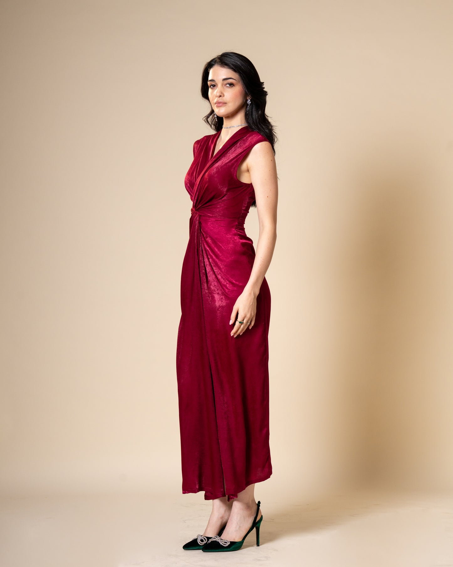 Knot Suede Satin Maroon Midi Dress