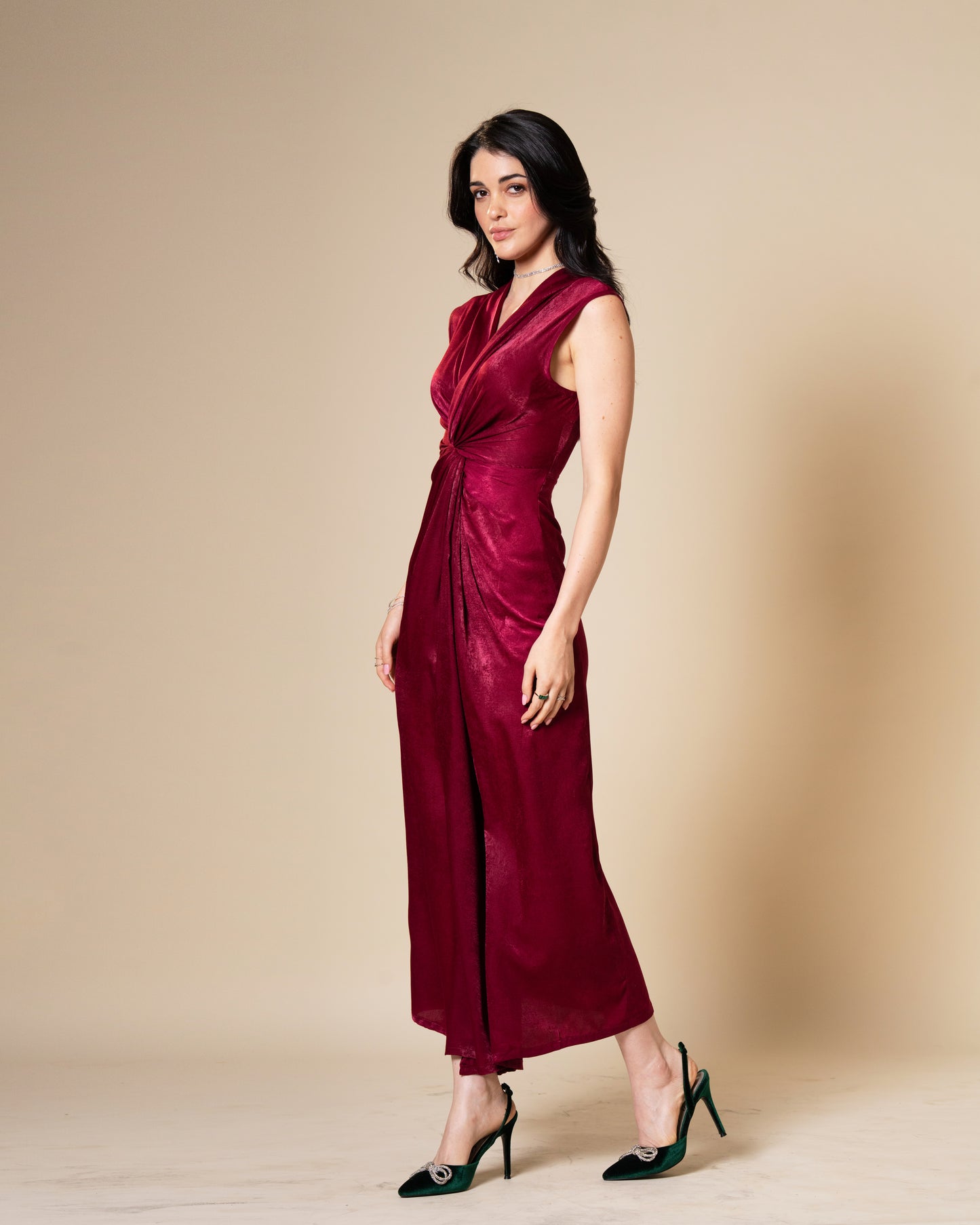 Knot Suede Satin Maroon Midi Dress