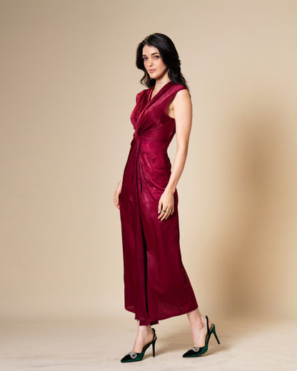 Knot Suede Satin Maroon Midi Dress