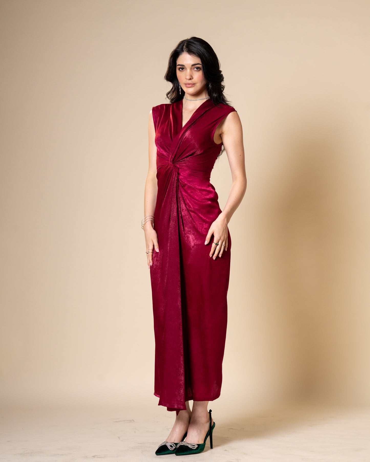 Knot Suede Satin Maroon Midi Dress