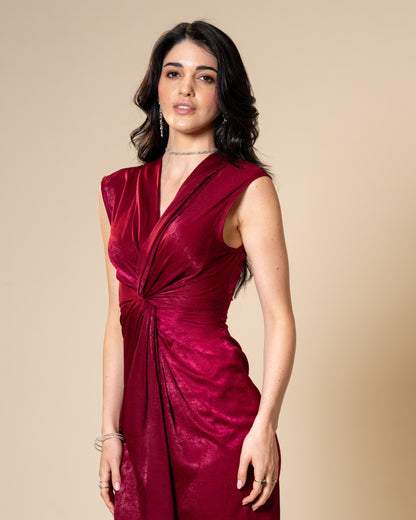 Knot Suede Satin Maroon Midi Dress