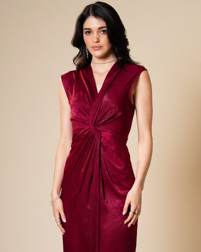 Knot Suede Satin Maroon Midi Dress