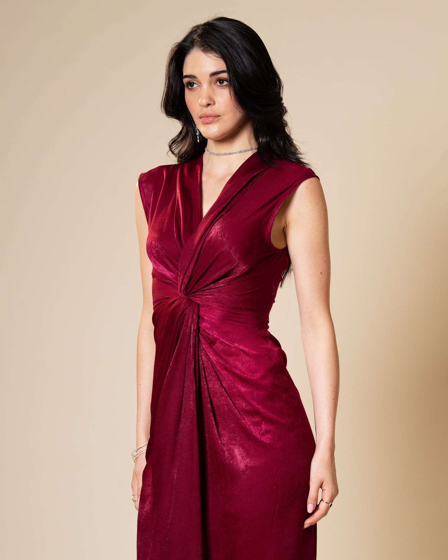 Knot Suede Satin Maroon Midi Dress