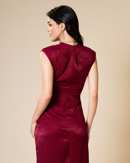 Knot Suede Satin Maroon Midi Dress