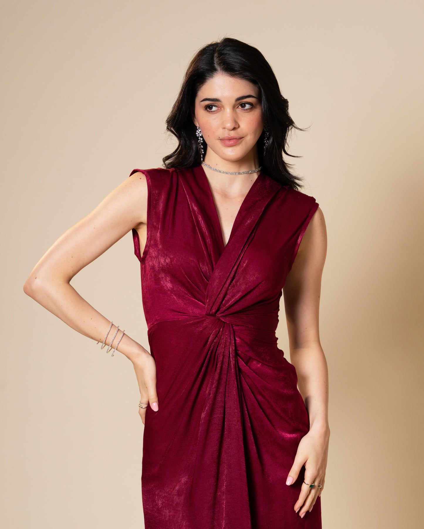 Knot Suede Satin Maroon Midi Dress