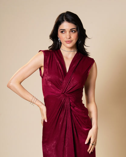 Knot Suede Satin Maroon Midi Dress
