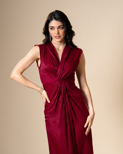 Knot Suede Satin Maroon Midi Dress