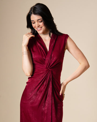 Knot Suede Satin Maroon Midi Dress