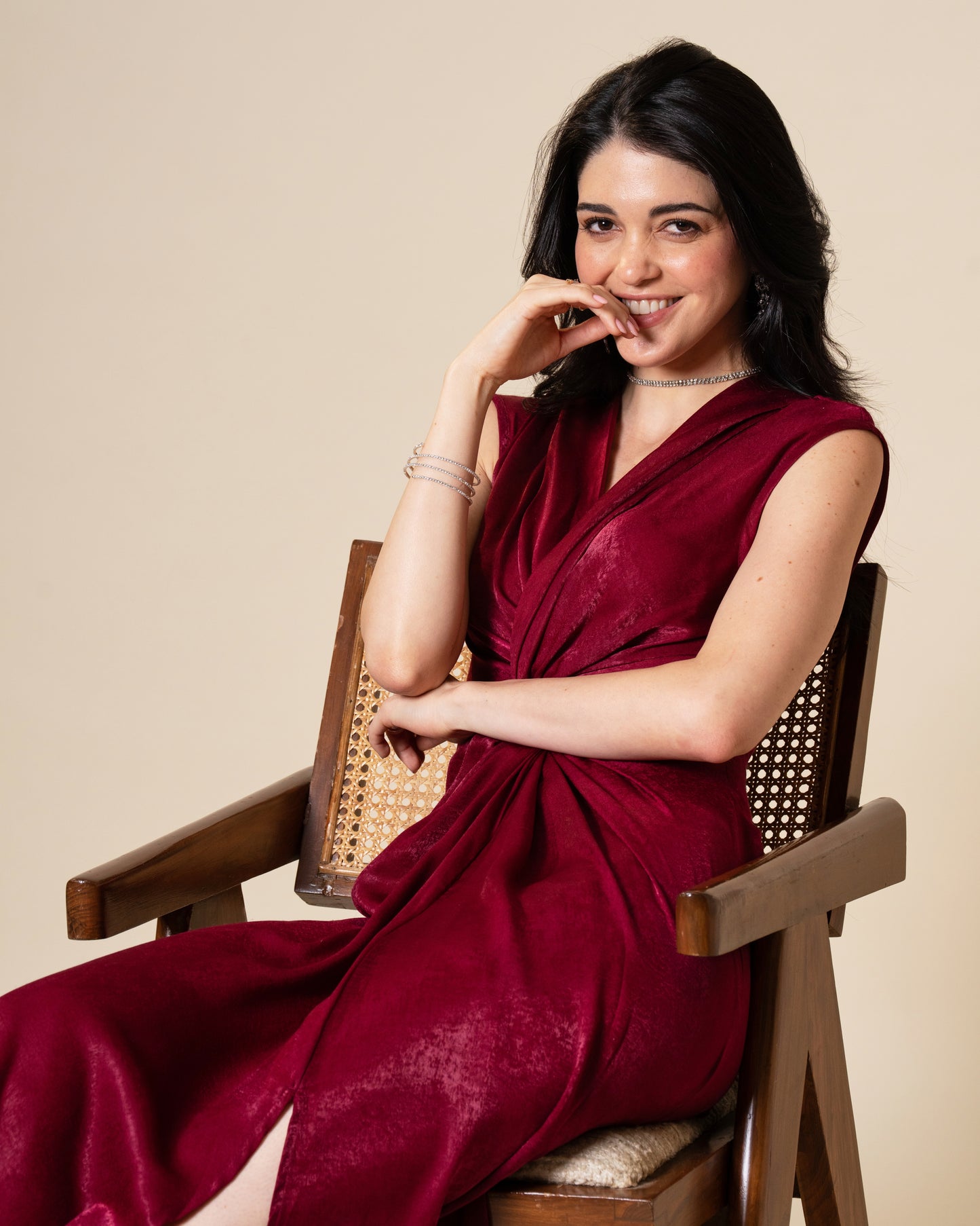 Knot Suede Satin Maroon Midi Dress