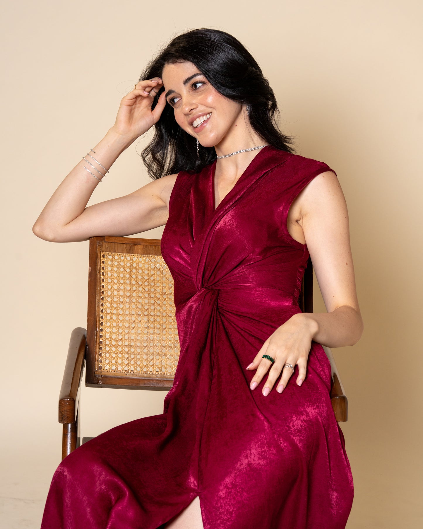Knot Suede Satin Maroon Midi Dress