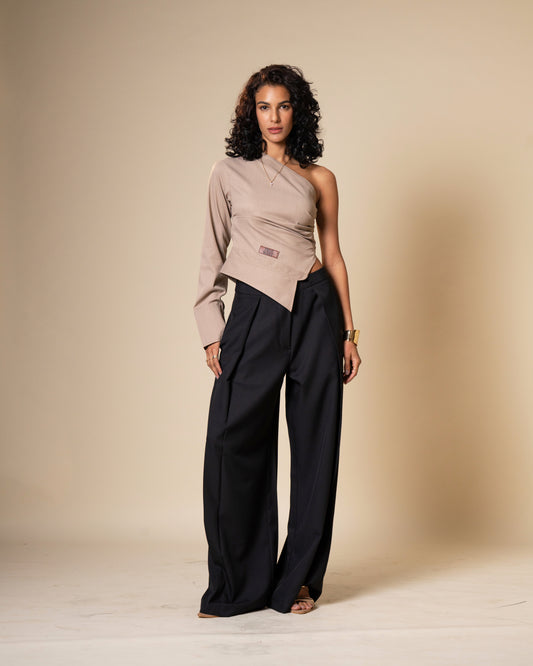 Inversion Coordset - Asymmetrical One Shoulder Top & Low Waist Wide Leg Trousers