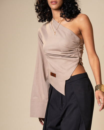Inversion Coordset - Asymmetrical One Shoulder Top & Low Waist Wide Leg Trousers