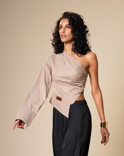 Inversion Coordset - Asymmetrical One Shoulder Top & Low Waist Wide Leg Trousers