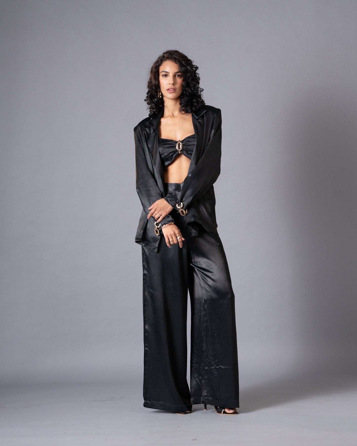 Gild 3-piece Coordset - Black Satin Jacket, Bralette and Wide Leg trousers