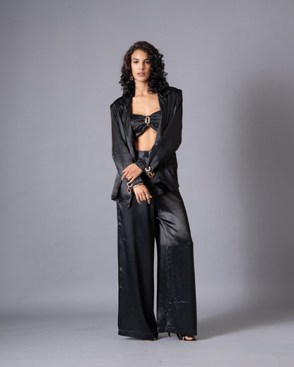 Gild 3-piece Coordset - Black Satin Jacket, Bralette and Wide Leg trousers