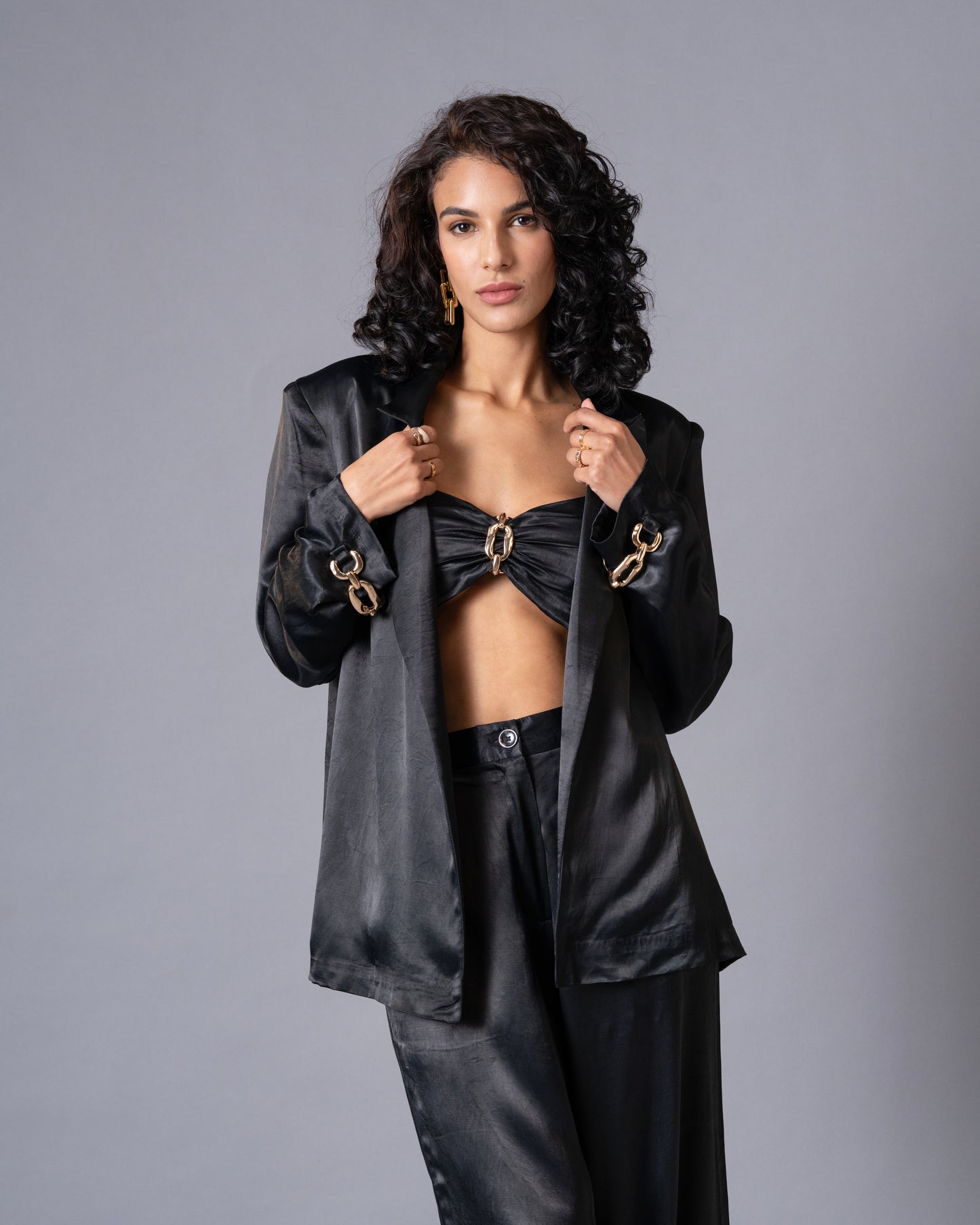 Gild 3-piece Coordset - Black Satin Jacket, Bralette and Wide Leg trousers