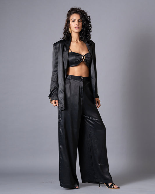 Gild 3-piece Coordset - Black Satin Jacket, Bralette and Wide Leg trousers