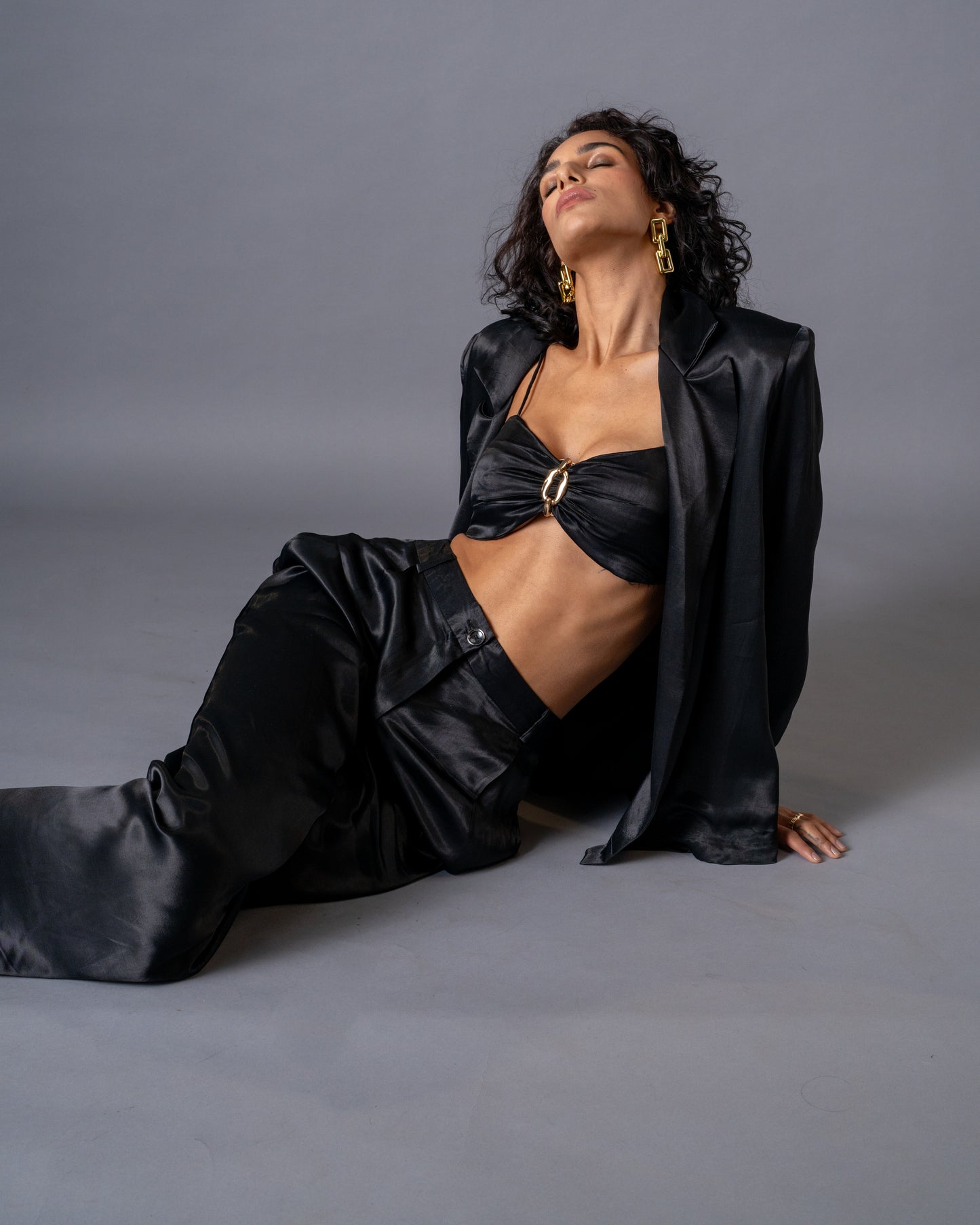 Gild 3-piece Coordset - Black Satin Jacket, Bralette and Wide Leg trousers