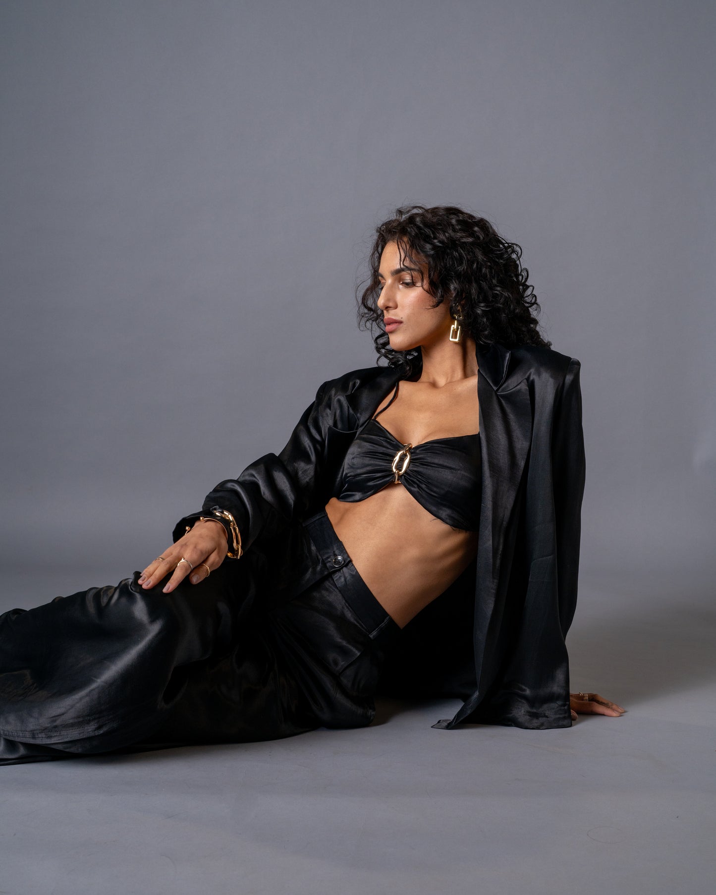Gild 3-piece Coordset - Black Satin Jacket, Bralette and Wide Leg trousers