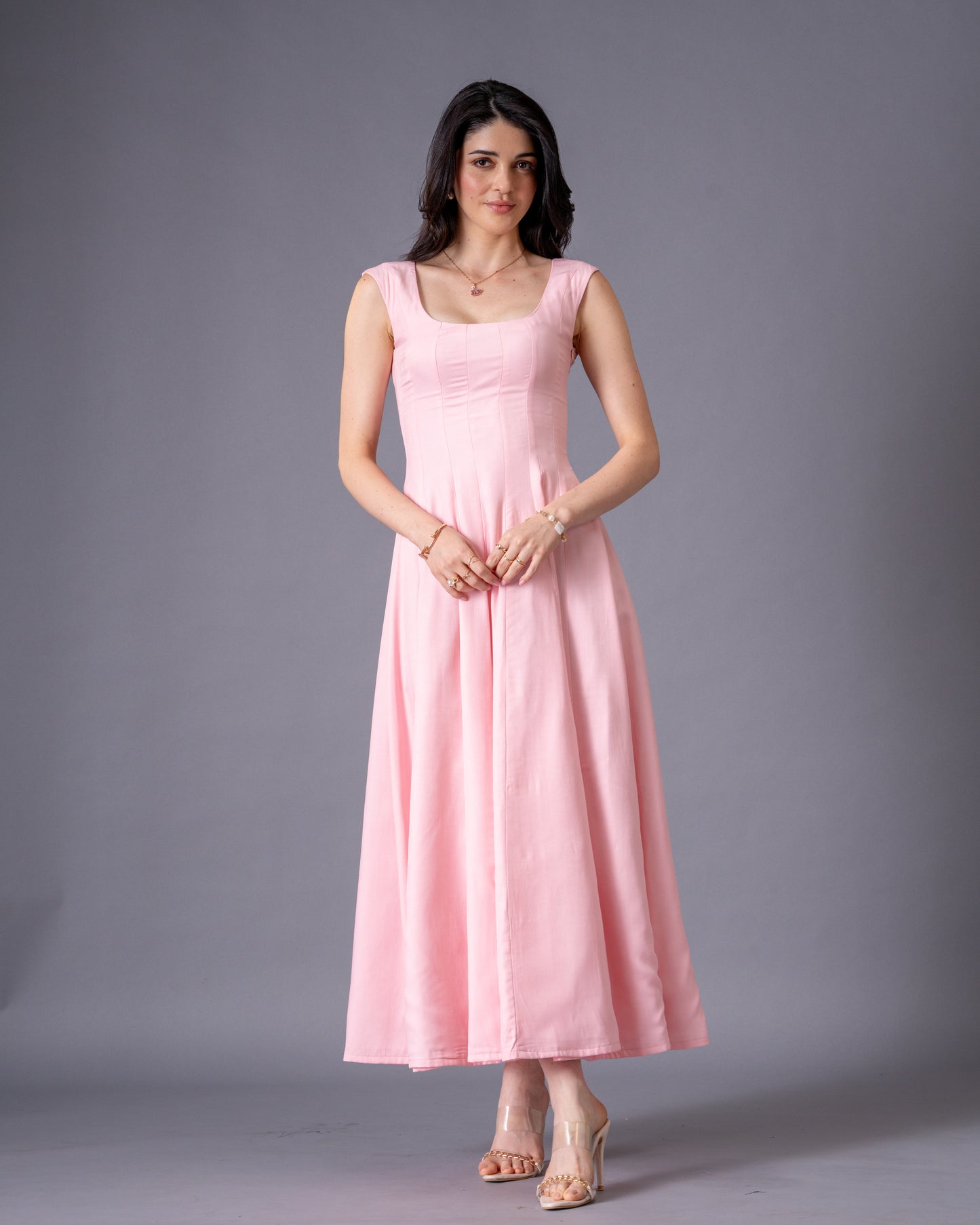 Blush Pink Panelled Midi Dress