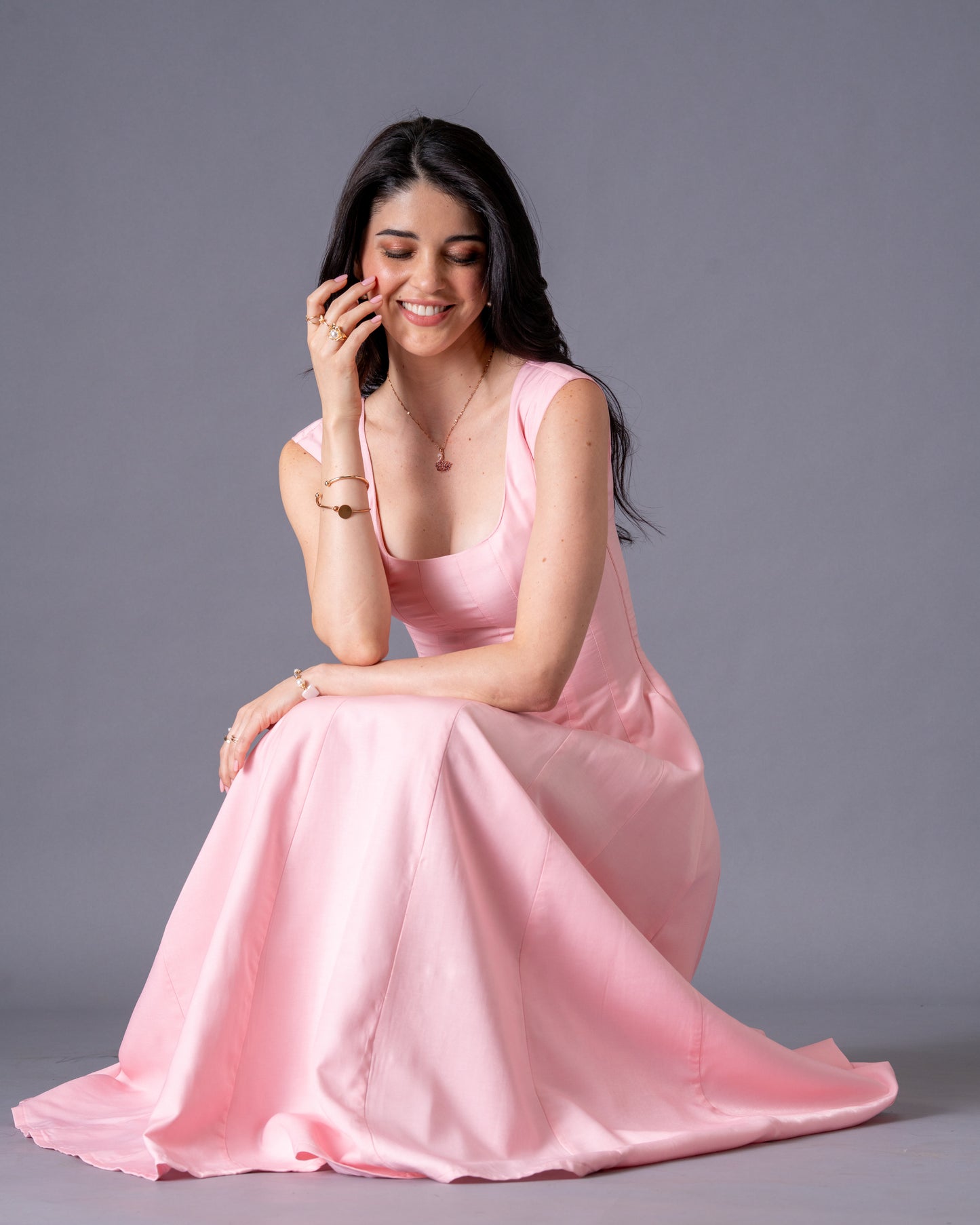 Blush Pink Panelled Midi Dress