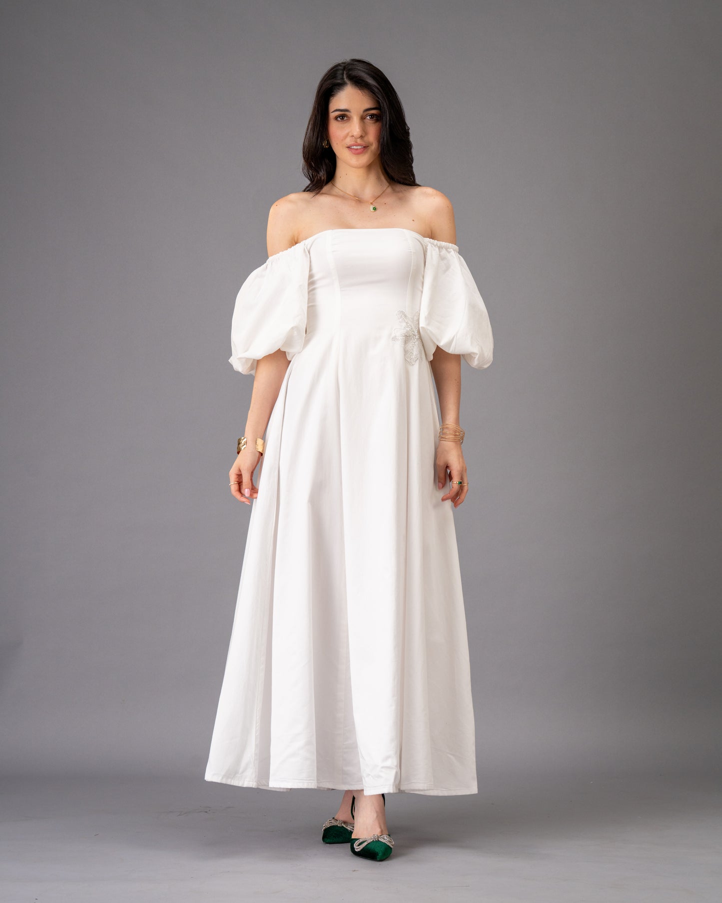 Verse White Cotton Satin Midi Dress
