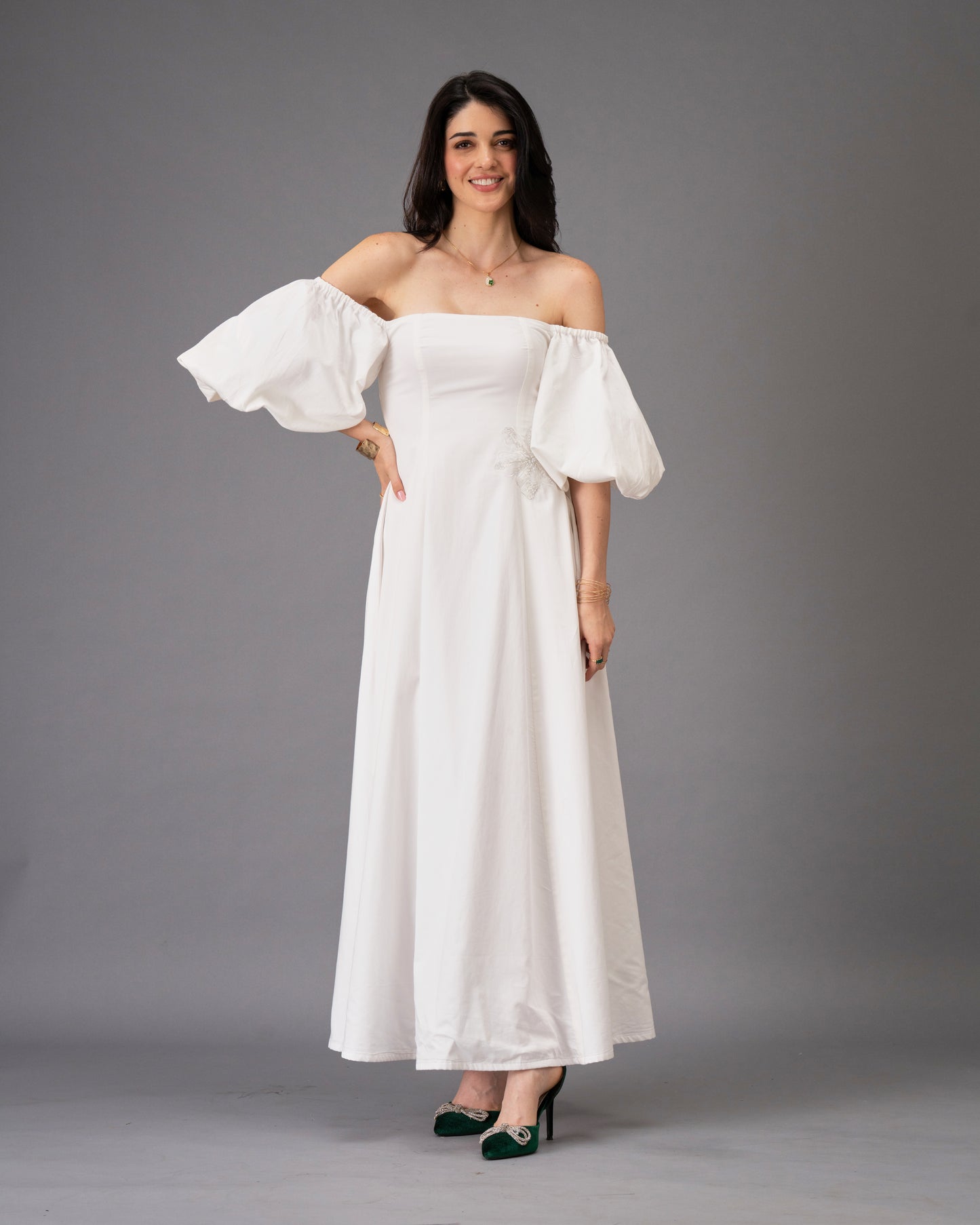 Verse White Cotton Satin Midi Dress