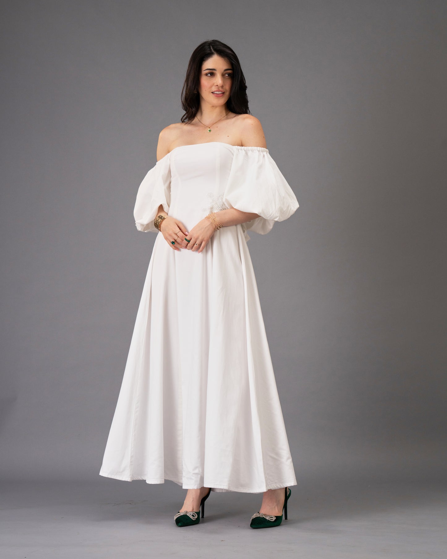 Verse White Cotton Satin Midi Dress