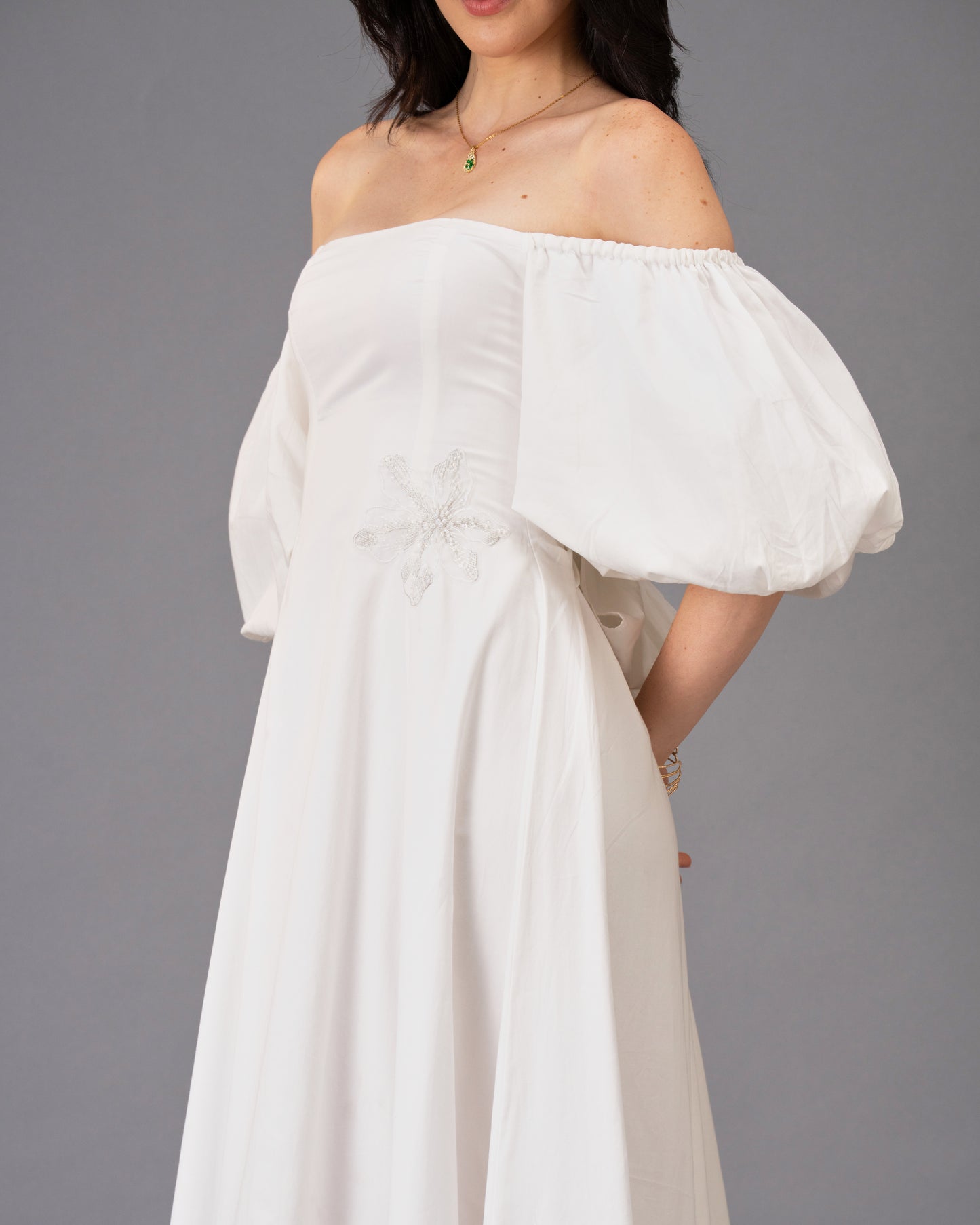 Verse White Cotton Satin Midi Dress