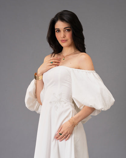 Verse White Cotton Satin Midi Dress