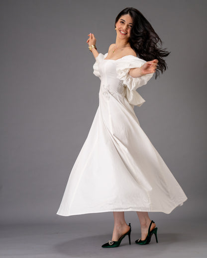 Verse White Cotton Satin Midi Dress