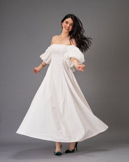 Verse White Cotton Satin Midi Dress