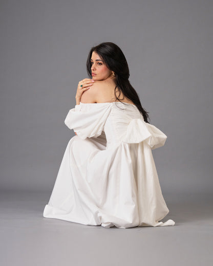 Verse White Cotton Satin Midi Dress