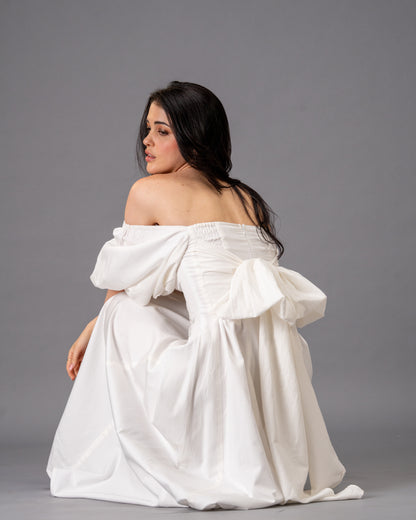 Verse White Cotton Satin Midi Dress