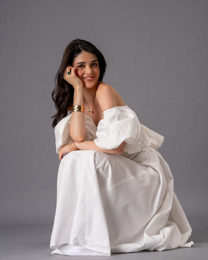 Verse White Cotton Satin Midi Dress