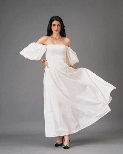 Verse White Cotton Satin Midi Dress