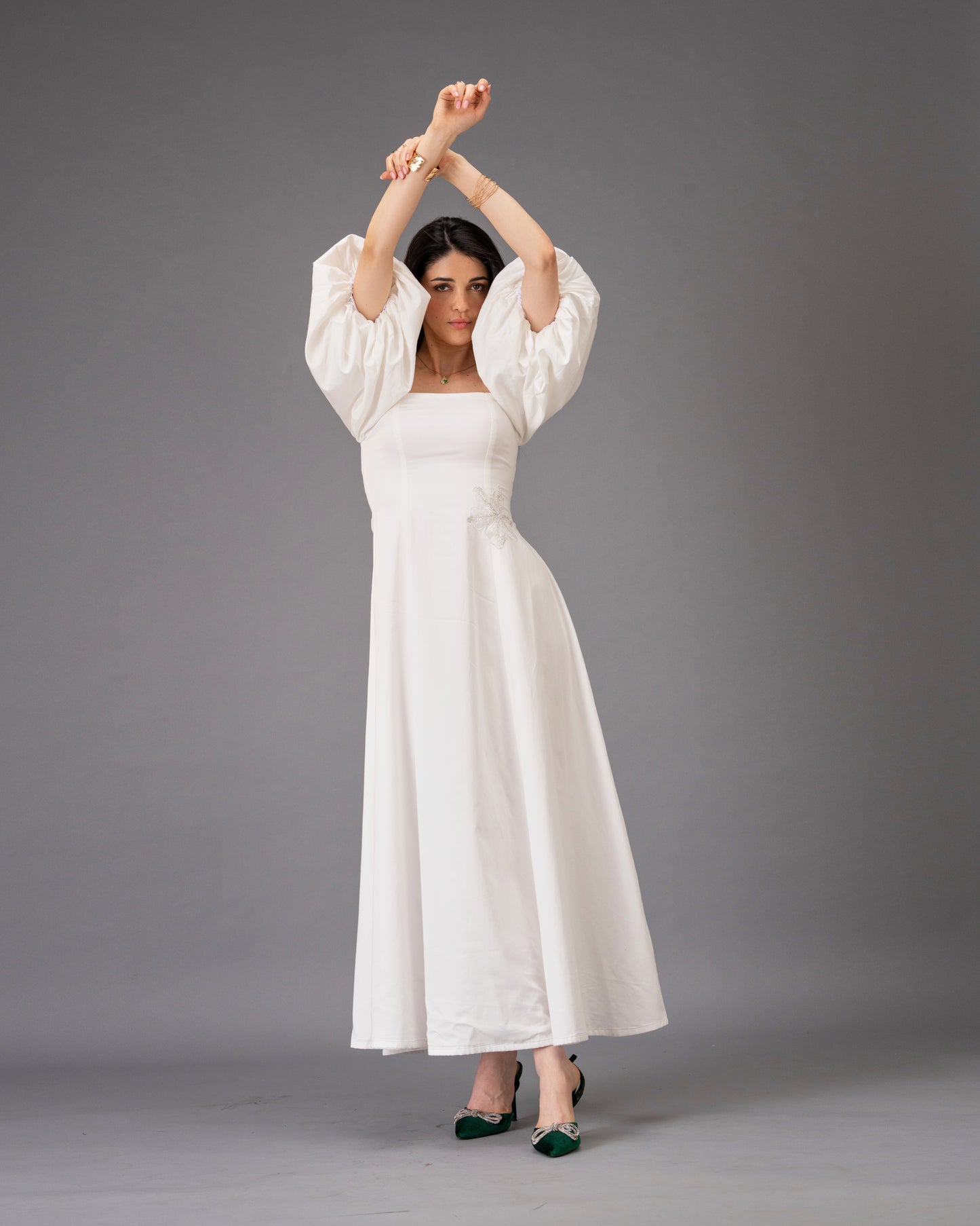 Verse White Cotton Satin Midi Dress