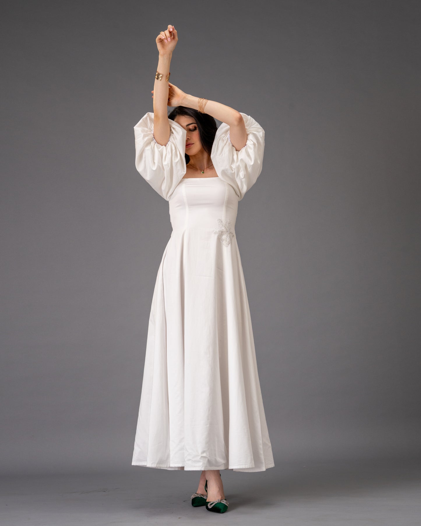 Verse White Cotton Satin Midi Dress