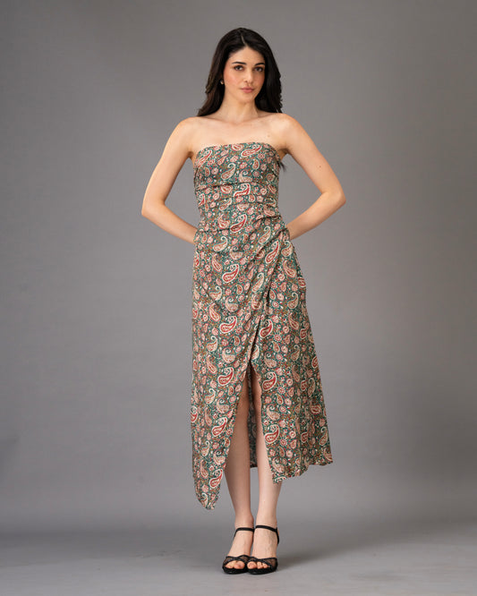 Drape Green Paisley Print Midi Dress