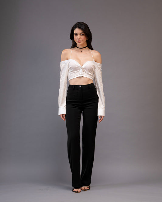 Restraint Cotton Satin Off-shoulder Crop Shirt