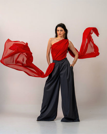 Fire & Form Top – Convertible Draped Red Chiffon Crop Top