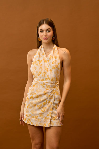 Rust Yellow Floral Backless Wrap Mini Dress for Women