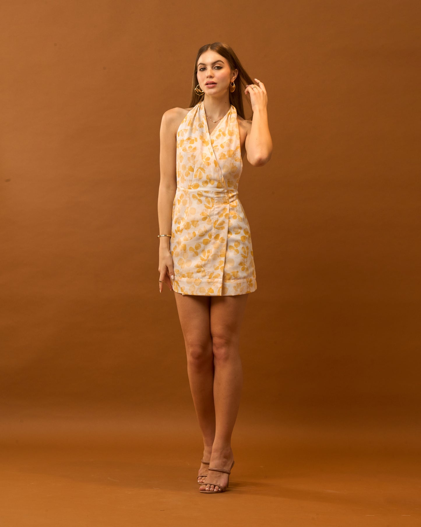 Rust Yellow Floral Backless Wrap Mini Dress for Women